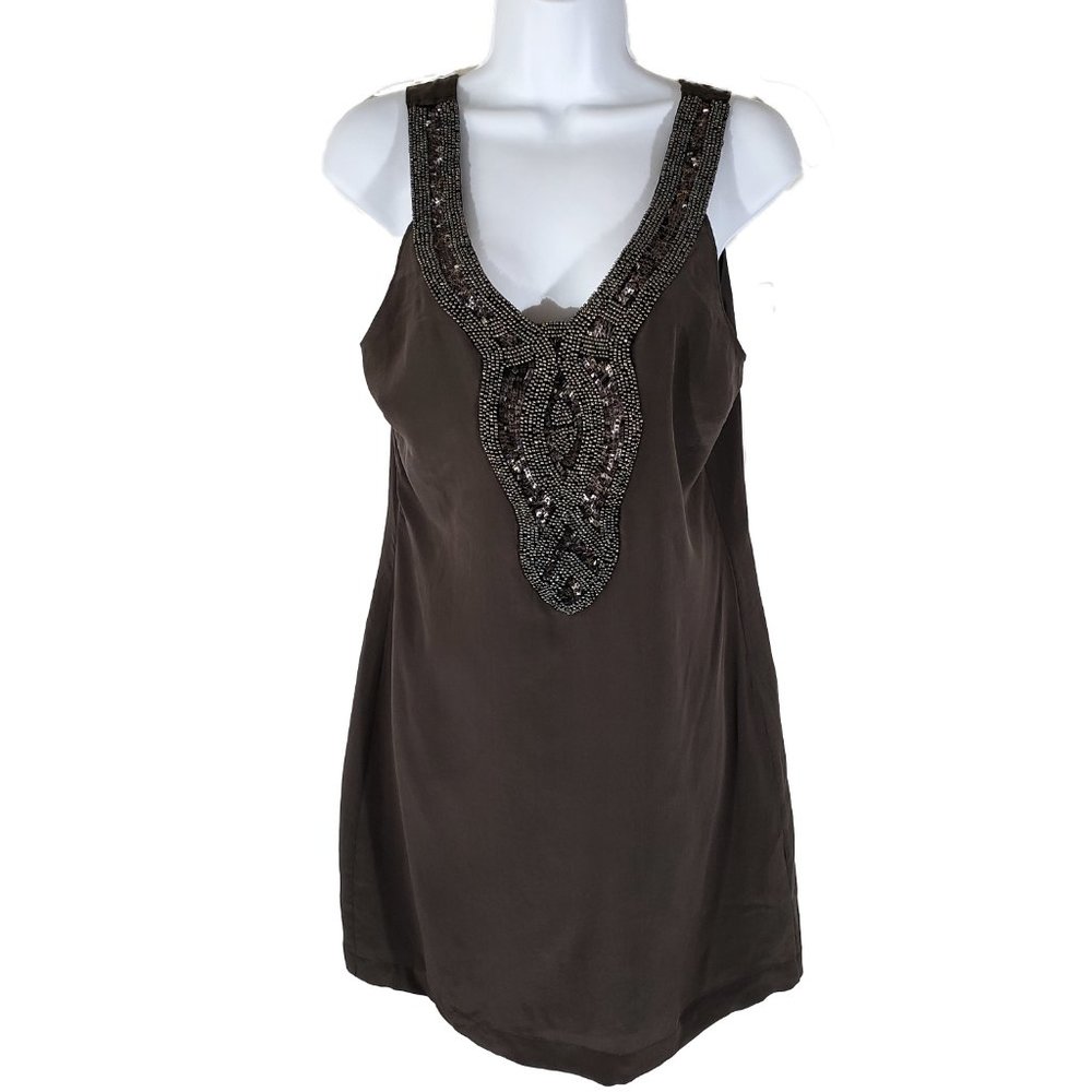 RARE Jenny Han Anthropologie 100% Silk Dark Grey Beaded Dress Women's Small